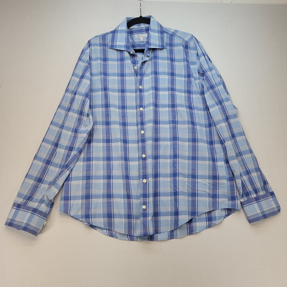 Peter Millar Button Down Mens Large Blue Plaid Stretch Cotton Long Sleeve Shirt